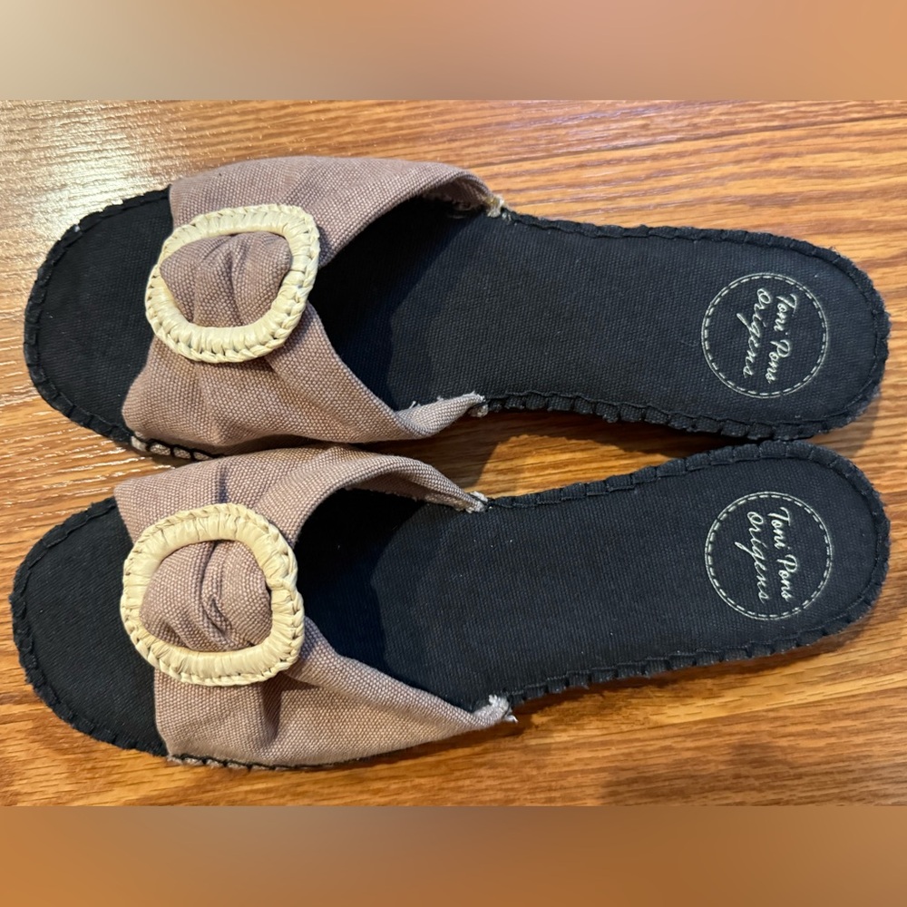 Tan and Black Slide Sandals
